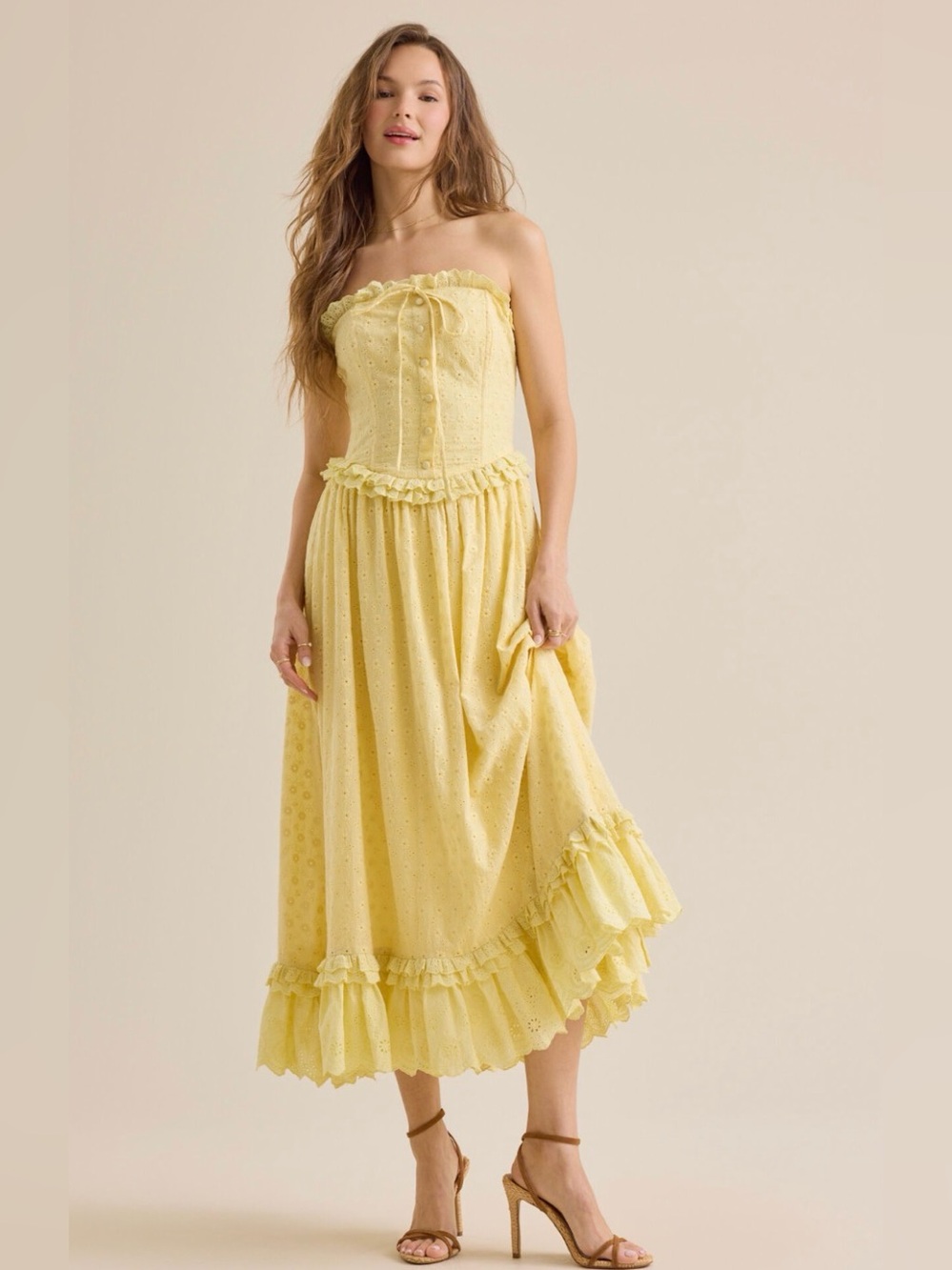 Altar'd State Lemon Yellow Strapless Eyelet Midi Dress